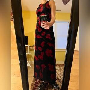 Vintage black velvet maxi prom dress with a red floral pattern